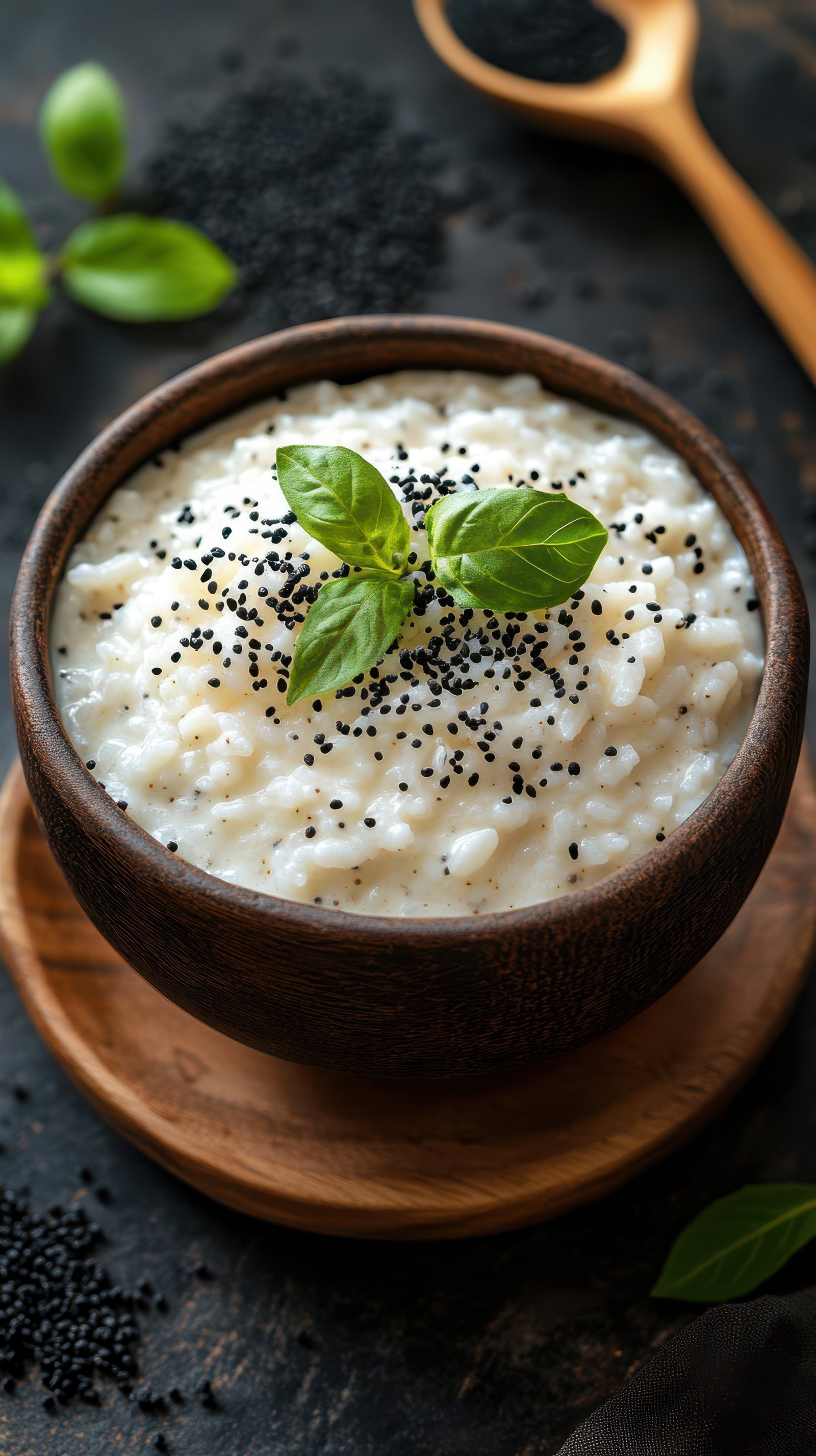 Creamy rice dish garnished with black seeds and fresh basil in a rustic bowl